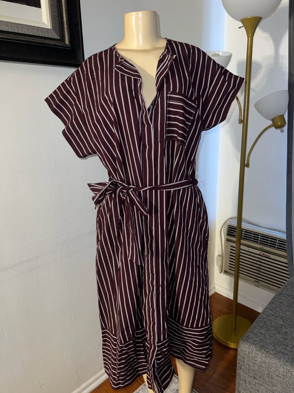 Banana Republic Burgundy and White Striped Midi Shirt Dress